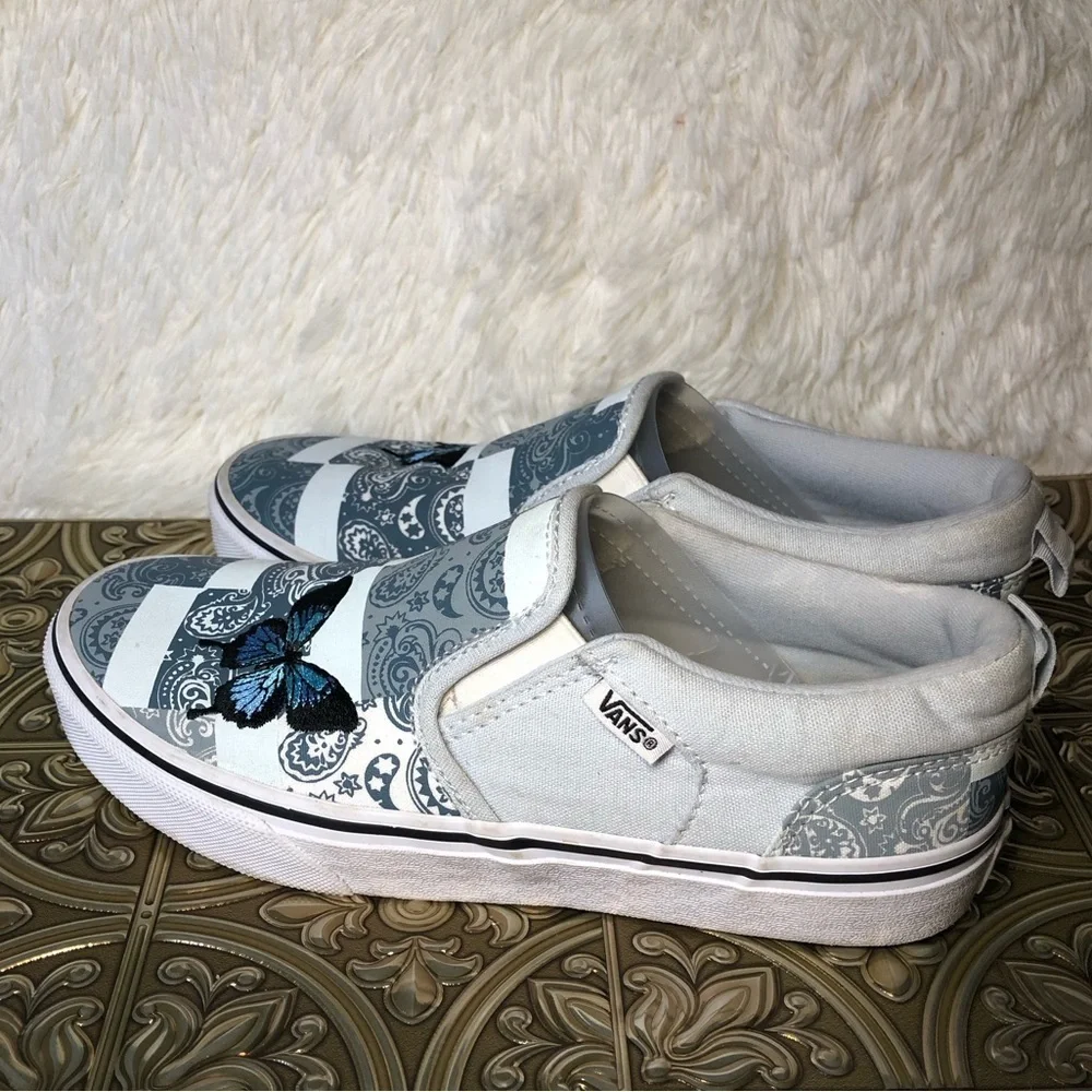 Vans Slip-On Patchwork Sneakers - White and Blue with Butterfly Missy 5 - Picture 11 of 16
